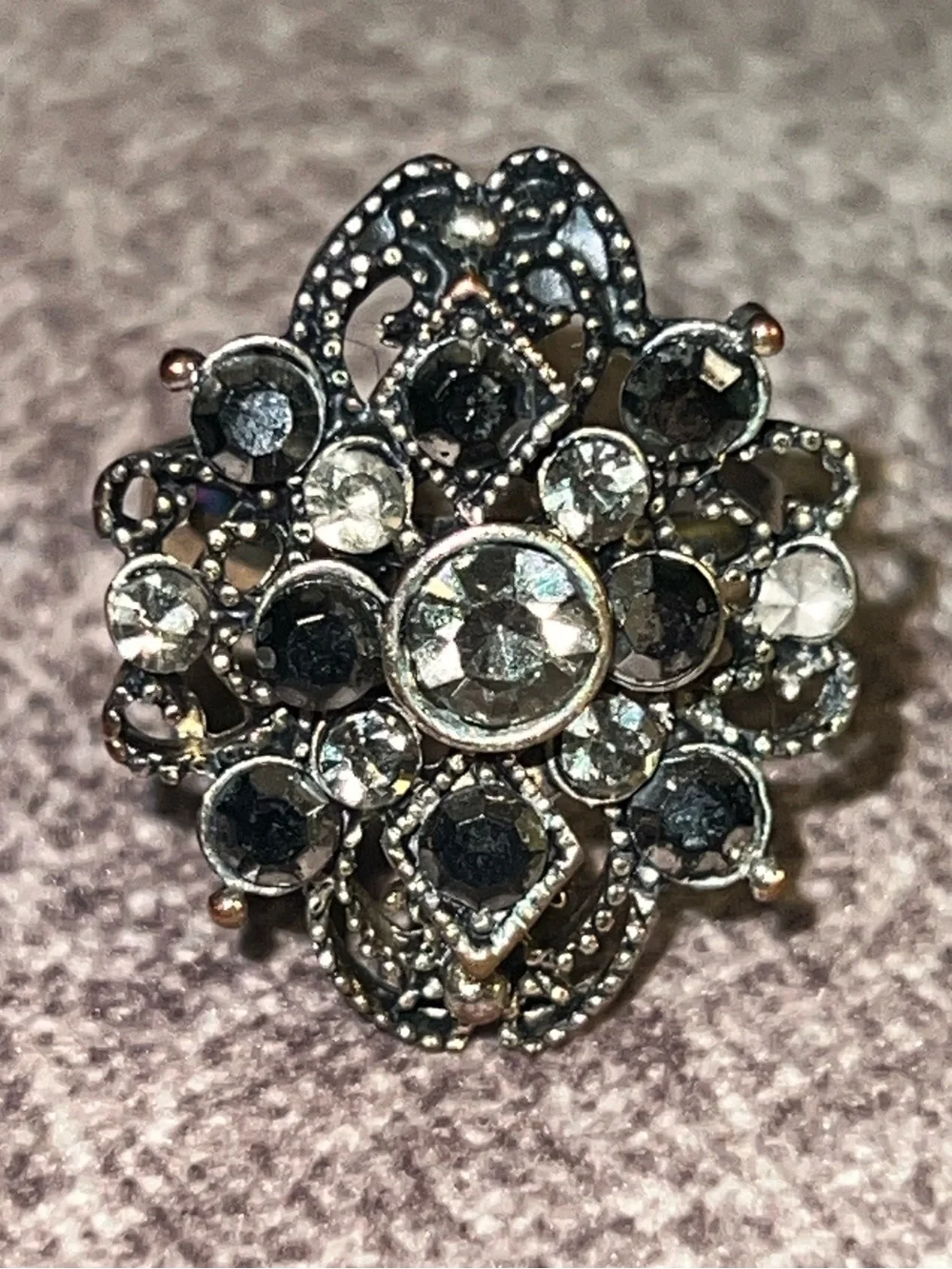 Vintage Black and Silver Crystal Filigree Ring